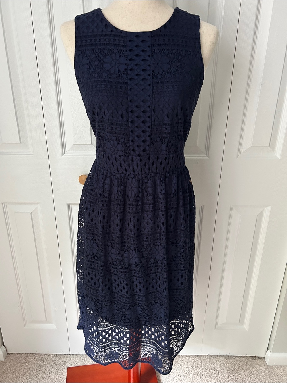 Sleeveless Navy Lace Midi Dress with Scalloped Hem